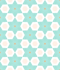 Seamless pattern with stars and turquoise background geometric pattern, traditional textile design