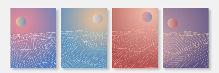 Set of Abstract Mountains Landscape. Vector Poster with Line Art Mountain Composition, Ideal for Wall Art Print, Modern Poster, Minimal Interior Design, Social Media. Vector EPS 10