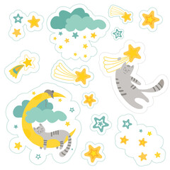  set of stickers with cats, moon, stars, clouds