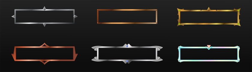 Set of six game design elements. Various rectangular metal frames for the GUI. Templates for mobile, client and browser applications. Volumetric vector colorful objects for stylization. © Nataly