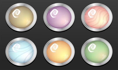 Set of six game design elements. Various precious stones in a metal frame. Templates for mobile, client and browser applications. Volumetric vector colorful objects for stylization.