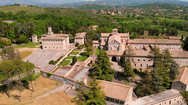 Aerial view Pull back of Abbey of Casamari from drone , Frosinone ,Lazio,Italy