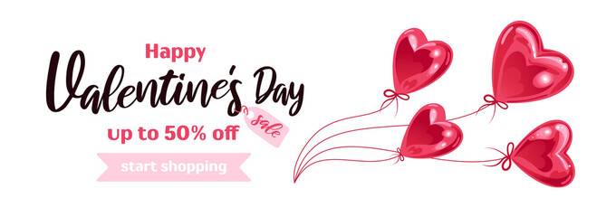 Horizontal banner for Valentines Day. Flying sparkling realistic heart-shaped balloons, bows, ribbons. On white background. For advertising banner, website, advertising flyer.