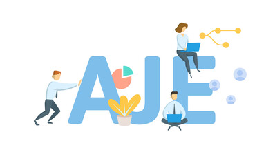 AJE, Adjusting Journal Entry. Concept with keyword, people and icons. Flat vector illustration. Isolated on white.