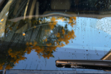 Water droplets or dew drop on windshield screen front dark black color car bonnet hood with reflect...