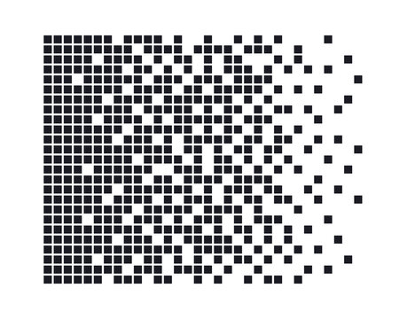 Pixel disintegration background. Decay effect. Dispersed dotted pattern. Concept of disintegration. Abstract pixel mosaic texture with simple square particles. Vector illustration on white background.