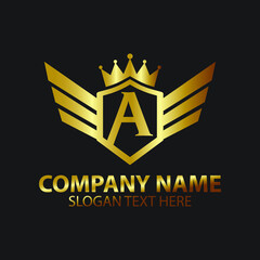 Luxury Letter A Gold Wing with Shield Crown Logo template, Golden Wing Shield Luxury Initial Letter A logo