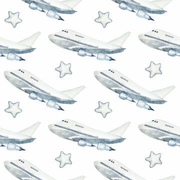 Airplane watercolor seamless pattern. Great for print, web, textile design, souvenirs, scrapbooking.