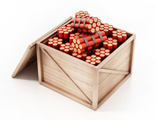 Wooden crate full of dynamites. 3D illustration - obrazy, fototapety, plakaty