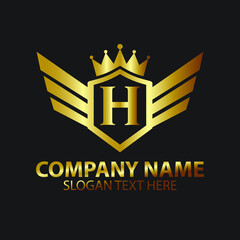 Luxury Letter H Gold Wing with Shield Crown Logo template, Golden Wing Shield Luxury Initial Letter H logo