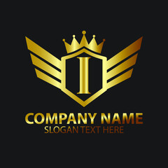 Luxury Letter I Gold Wing with Shield Crown Logo template, Golden Wing Shield Luxury Initial Letter I logo