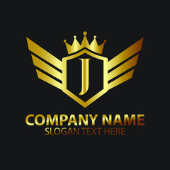 Luxury Letter J Gold Wing with Shield Crown Logo template, Golden Wing Shield Luxury Initial Letter J logo