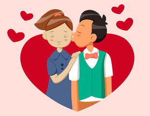 Cartoon boy kissing his girlfriend on valentine's day