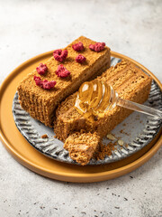 Honey cake on a plate. Pieces of cake on a light background.