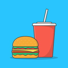 Hamburger and Soda Vector Icon Illustration. Fast Food Flat Icon