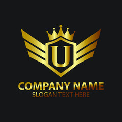 Luxury Letter U Gold Wing with Shield Crown Logo template, Golden Wing Shield Luxury Initial Letter U logo