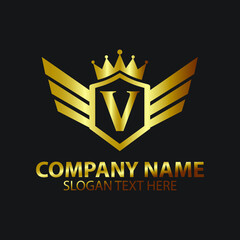 Luxury Letter V Gold Wing with Shield Crown Logo template, Golden Wing Shield Luxury Initial Letter V logo
