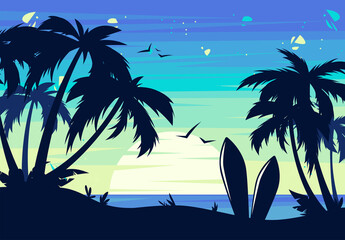 Vector illustration of a summer sunset on the beach with silhouettes of palm trees with silhouettes of surfboards