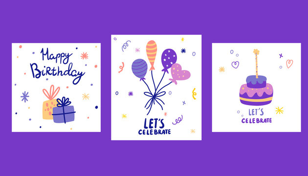 Birthday card set. Party invitations. Cakes, balls, boxes with gifts, confetti and lettering. For printing postcards and posters. Vector cartoon illustration.