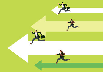Economic and business image infographics. Illustration of a male and female businessman running an arrow, a pictogram. Advancement competition.