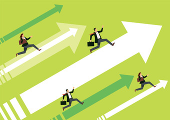 Economic and business image infographics, pictograms, illustrations. If you run the arrow that rises to the right, you will be a male and female businessman.