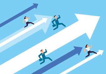 Economic and business image infographics, pictograms, illustrations. If you run the arrow that rises to the right, you will be a male and female businessman..