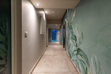 Interior of a long corridor in hotel wellness