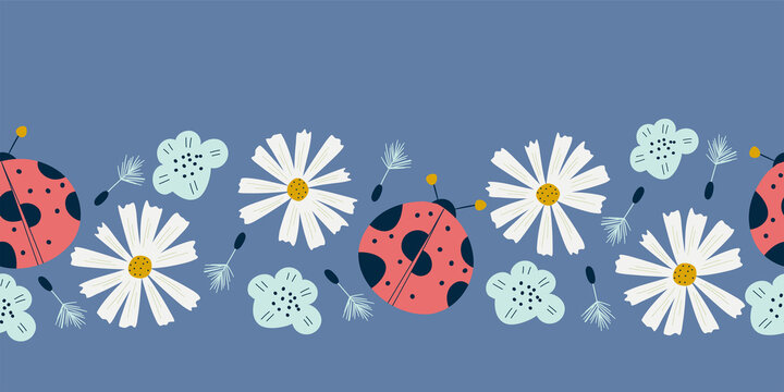 Seamless border with ladybug, chamomile flowers.Spring pattern with insects and flowers on a blue background. Dandelions and ladybug for summer designs. Vector illustration in flat style