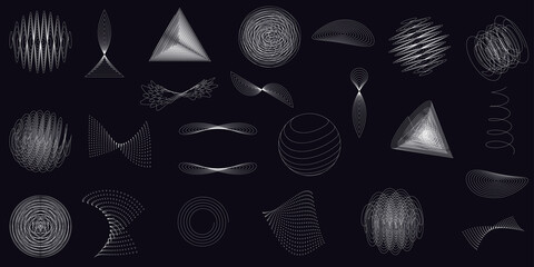 Abstract line geometric shapes set. Futuristic graphic elements. Retro futurism collection. Modern art design with circles, triangles, 3d abstract dotted shapes. Vector illustration.