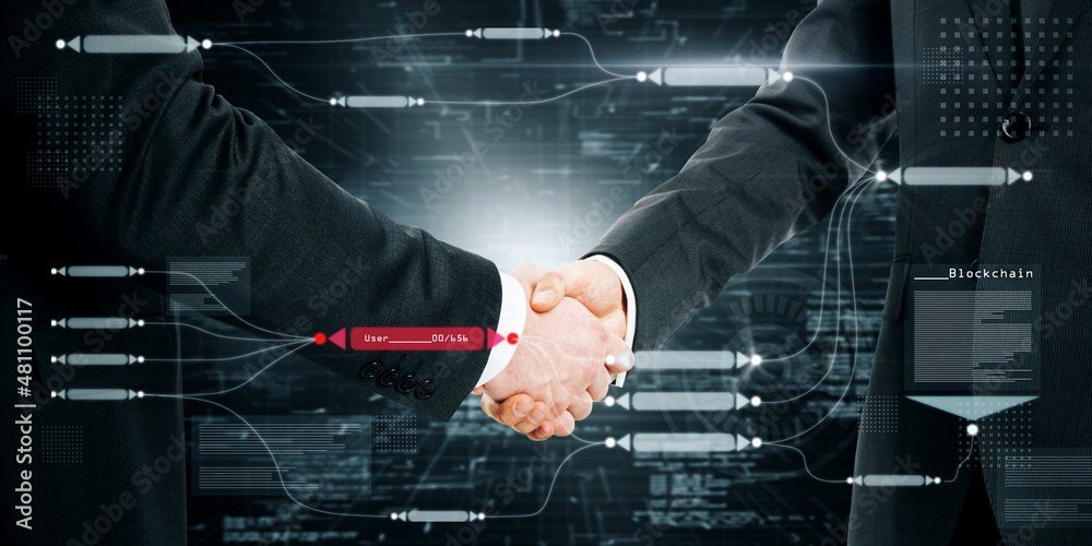 Aufkleber Closeup of businessmen shaking hands with abstract glowing big data blockchain interface on dark background. Cryptocurrency, finance, big data and information concept. Double exposure.