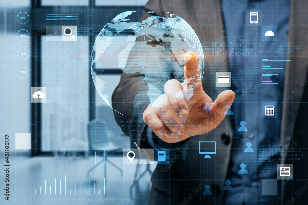 Poster close up of businessman hand pointing at abstract digital social globe grid hologram on blurry offic