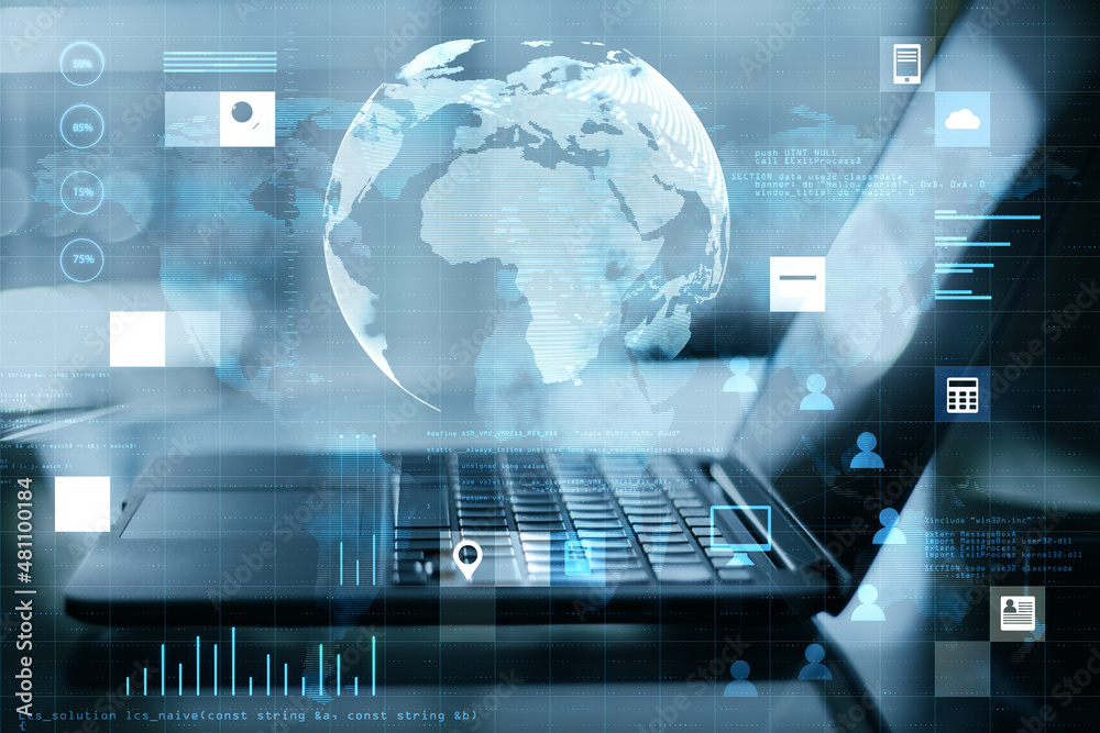 Aufkleber Close up of laptop on desktop with abstract digital social globe grid hologram on blurry background. Technology, data, information and connection concept. Double exposure.