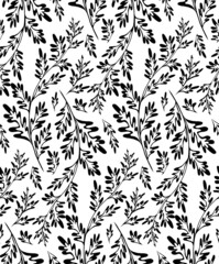 Fototapeta premium Monochrome vector seamless pattern with wormwood herbaceous on white background. Fabric with grass fields. Wallpaper with a branches of sagebrush. Natural background with Artemisia absinthium
