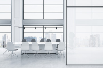 Modern white concrete meeting room interior with empty mock up place on wall, panoramic city view, furniture and daylight. 3D Rendering.