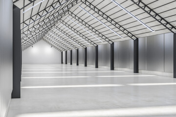 Modern concrete hangar interior. Storehouse and warehouse concept. 3D Rendering.