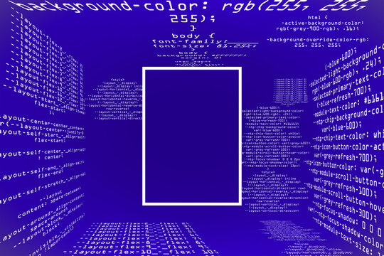 Glowing purple coding programming background with square mock up frame. Big data and code concept. 3D Rendering.