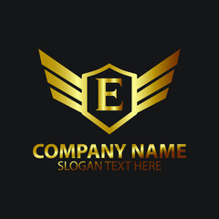 Luxury Letter E Gold Wing with Shield Logo template, Golden Wing Shield Luxury Initial Letter E logo