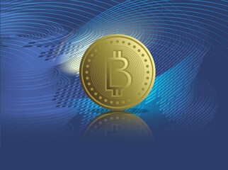 Gold bitcoin on digital background.