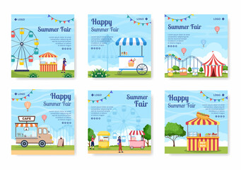 Summer Fair of Carnival, Circus, Fun Fair or Amusement Park Post Template Flat Illustration Editable of Square Background for Social Media - obrazy, fototapety, plakaty