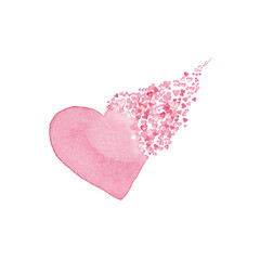 Watercolour drawing of a heart from the side breaking up into many small hearts. Hand drawn hearts, watercolor technique. Valentines day or Bridal background. 
