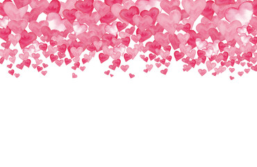 Falling heart background. Valentines day or Bridal background. Web Background or template with heart. Hand drawn. Watercolor technique. Love theme for gift coupons, vouchers.