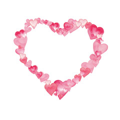 Outline Heart drawn from many small hand painted hearts. Heart background. Watercolor technique. Valentines day or Bridal background or template.