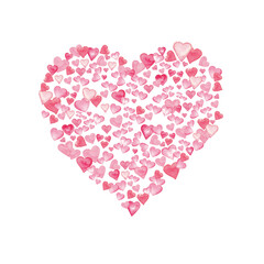 A heart drawn from many small hand painted hearts. Heart background. Valentines day or Bridal background or template with heart. Hand drawn hearts. Watercolor technique.