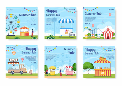 Summer Fair of Carnival, Circus, Fun Fair or Amusement Park Post Template Flat Illustration Editable of Square Background for Social Media