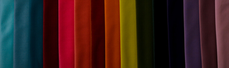 Samples of furniture fabrics.Multicolor fabric texture background.Velours.Banner.