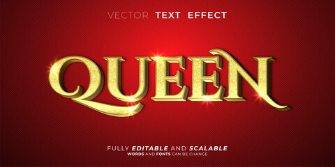 Editable text effect Queen 3d style illustrations with gold glitter on the letter