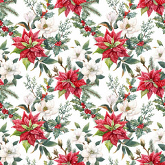 Beautiful vector floral christmas seamless pattern with hand drawn watercolor winter flowers such as red poinsettia holly. Stock 2022 winter illustration.