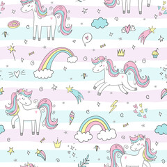Seamless pattern with cute fairy unicorns. Perfect for kids apparel,fabric, textile, nursery decoration,wrapping paper.Vector Illustration. Creative childish background.