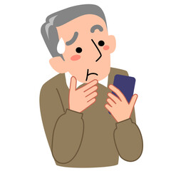 困った表情でスマホを見るシニア男性