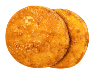 Two Pancakes with marple syrup isolated on white background. Sweet pancake top view.